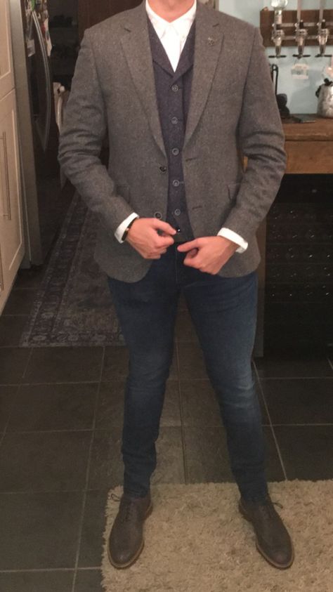 Saturday night attire.  Grey blazer, Blue waste coat, Dark wash jeans, Grey brogues and Northskull bracelet. Blazer Blue, Jeans Grey, Grey Blazer, Dark Wash Jeans, Washed Jeans, Wash Jeans, Saturday Night, Blazer, Bracelet