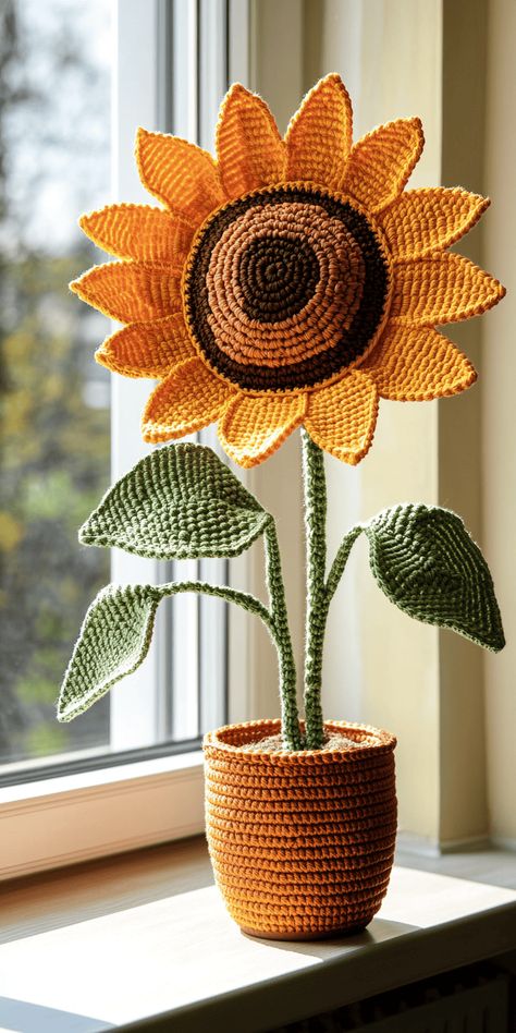 Sunflower Crochet Pattern for Potted Plant Sunflower In Pot, Sunflower Crochet Pattern, Sunflower Pot, Pot Crochet, Potted Sunflowers, Sunflower Crochet, Sunflower Pillow, Crochet Pillow Pattern, Crochet Coaster Pattern