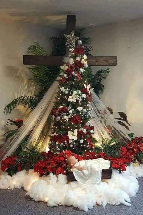 From the cradle to the cross, for a world that is lost.... Church Christmas Decorations, Church Altar Decorations, Christmas Stage, Cross Christmas Tree, Decoration Christmas Tree, Christmas Church, Religious Christmas, Altar Decorations, Christian Christmas