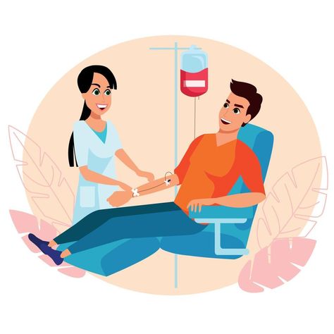 Blood donation 2D vector isolated illustration. Man in chair on blood transfusion. Donor with smiling nurse flat characters on cartoon background. Charity work and volunteering colourful scene Man In Chair, Illustration Man, Blood Donation, Charity Work, Cartoon Background, Cityscape Photos, Logo Banners, Heart With Arrow, Background Banner