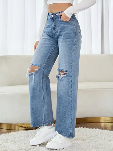 Cute Jeans Aesthetic, Straight Fit Jeans Outfit Women, Straight Ripped Jeans, Ribbed Jeans, Light Wash Straight Leg Jeans, Straight Legged Jeans, Baggy Jeans For Women, Straight Leg Jeans Outfits, Shein Jeans