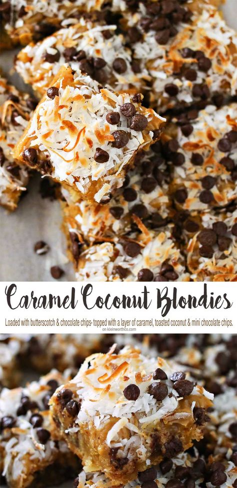 Caramel Coconut Blondies, a yummy bar recipe loaded with butterscotch &… Butterscotch Marshmallow, Coconut Blondies, Caramel Blondies, Caramel Coconut, Brownie Bars, Blondies Recipe, Coconut Caramel, Bar Recipe, Bar Recipes