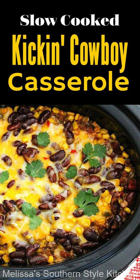 This Slow Cooked Kickin' Cowboy Casserole makes a mouthwatering one pot meal guaranteed to satisfy at the end of a hectic day #slowcookercowboycasserole #casseroles #casserolerecipes #easygroundbeefrecipes #slowcookerrecipes #crockpotcowboycasserole #easycasseroles Cowboy Casserole Recipe, Cowboy Casserole, Crockpot Casserole, Easy Healthy Dinner, One Pot Meal, Beef Casserole Recipes, Ground Beef Recipes Easy, Crockpot Dishes, Easy Homemade Recipes