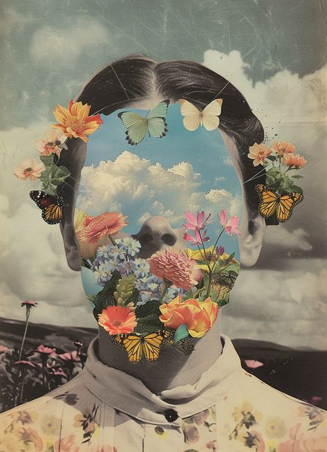 #SurrealCollageArt #Woman #BlueSky #Butterflies #Flowers #VintageCut-and-paste #PhotoMontage #Surrealist #19:26AspectRatio #TheCandie Juxtaposition Art, Walking Forest, Dream Asthetic, Surreal Flowers, Surrealism Collage, Intro To Art, Surrealist Collage, Surreal Collage Art, Poem Book