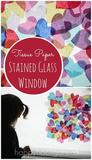 Transform a window into "stained glass" piece of art with tissue paper and contact paper. Tissue Paper Stained Glass Window, Paper Stained Glass Window, Stained Glass Cookies, Happy Hooligans, Tissue Paper Crafts, Preschool Valentines, Valentine Activities, Valentines Day Activities, My Funny Valentine