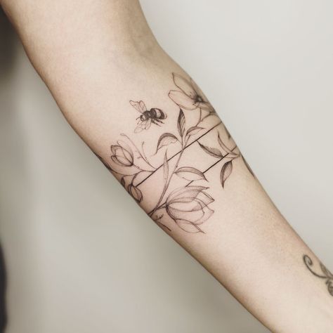 Nature Cuff Tattoo, Cuff Flower Tattoo, Botanical Cuff Tattoo, Wildflower Cuff Tattoo, Wildflower Bee Tattoo, Flower Cuff Tattoo, Bumble Bee Tattoo Flowers, Floral Bee Tattoo, Arm Cuff Tattoo