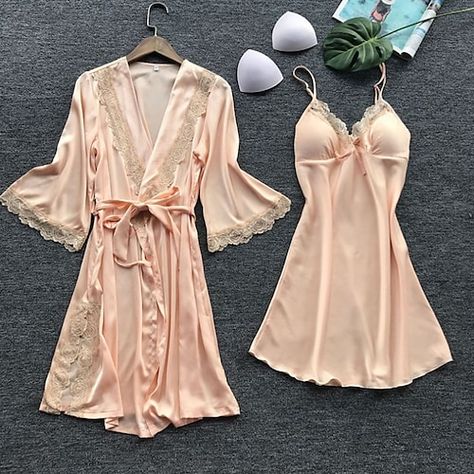 Season:Summer,Spring; Fabric:Silk,Satin; Sleeve Length:Half Sleeve; Gender:Women's; Quantity:2 Pieces; Nightwear Style:Nightshirt,Bathrobe,Sets,Nightgown,Pajamas,Robes Gown,Dress; Style:Soft,Hot,Comfort; Elasticity:Micro-elastic; Occasion:Home,Bed,Daily; Age Group:Adults; Function:Breathable; Pattern:Pure Color; Neckline:V Wire; Special Size:Plus Size; Listing Date:02/23/2023; Length:; Length [Top]:; Bust: Lingerie Design, Silk Nightgown, Satin Sleepwear, Silk Lingerie, Lace Silk, Sleepwear Sets, Women Nightwear, Pajama Set Women, Sleepwear Women