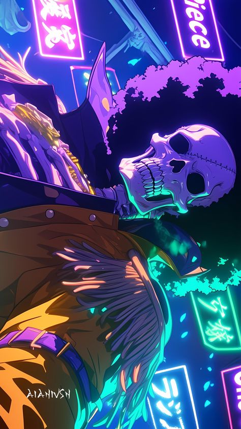 🔺 FULL VIEW ZOOM IN/OUT🔺 Brook from One Piece Brook in a neon effect. . Brook, the musician of the Straw Hat Pirates, is a living skeleton who ate the Revive-Revive Fruit. Known as the "Soul King," Brook's music can heal and inspire. His loyalty and humor make him a beloved character in One Piece. . Follow @aianivsn for more! . Like and share it with your friends. Make sure you comment and save. . . . . #brook #onepiece #strawhatpirates #soulking #onepieceanime #onepiecemanga #a... Brook Iphone Wallpaper, Brook One Piece Wallpapers Hd, Brook One Piece Alive, One Piece Phone Wallpaper, Soul King Brook, One Piece Glowing Wallpaper, Luffy Neon Wallpaper, One Piece King, One Piece Brook