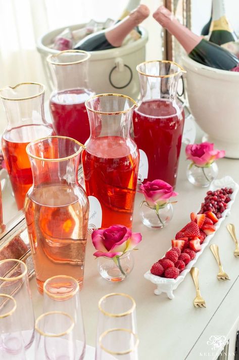 Color Themed Mimosa Bar Juices -- Tips on Setup & More! / Pretty mimosa set up for Valentine's Day with pink decor, mimosas, and Valentine's Day decor. #valentinesday #valentinesdecor #homedecor #galentines #galentinesday Bar Ideas Wedding, Mimosa Bar Ideas, Pink Mimosa, Bridal Shower Inspo, Cocktail Appetizers, Stemless Champagne Flutes, Silicone Ice Cube Tray, Food Stations, Mimosa Bar