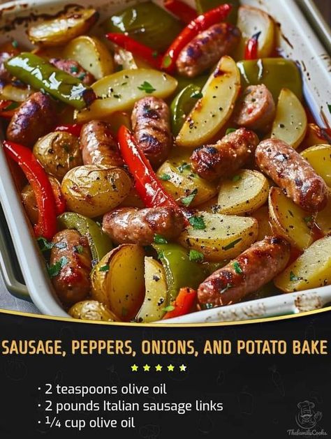 Nigella Lawson Recipes | Sausage, Peppers, Onions, and Potato Bake | Facebook Sausage Pepper Onions And Potatoes, Italian Sausage Links, Sausage Peppers Onions, Sausage And Potato Bake, Nigella Lawson Recipes, Sausage Peppers And Onions, Sausage Peppers, Recipes Sausage, Potato Bake