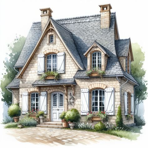 French Carriage House, French Cottage Exterior Country Style, Old French Aesthetic, Small French Chateau, Cottage Drawings, Suburban Cottage, French Cottage House Plans, House Clip Art, French Country Cottages