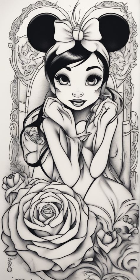 This image portrays a traditional, Disney-themed tattoo design in a black and white illustration over a blank canvas. The style is evocative of vintage aesthetics, making it a timeless piece of nostalgic art. Traditional Style Tattoo, Maker Ideas, Cartoon Character Tattoos, Chicano Drawings, Disney Tattoo, Nostalgic Art, Old School Tattoo Designs, Style Tattoo, Vintage Aesthetics