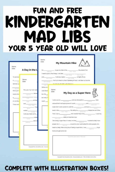 Do your kids like Mad Libs? These fun and free Kindergarten Mad Libs are perfect for 5 year olds or any kid really. They not only feature funny stories with spaces to fill in the blank words but they also include illustration boxes for illustrating the funny Mad Libs stories. These inspired by Mad Libs printable pages are actually called Fill in the Blank Copywork pages and they are fun for anybody who loves to laugh. They make it easy to teach kids parts of speech. grab your free printables now Madlibs Kids Free, Free Mad Libs, Free Printable Mad Libs, Mad Libs For Kids, Kids Mad Libs, Funny Mad Libs, Mad Lips, Mad Libs Printable, Alternative Education