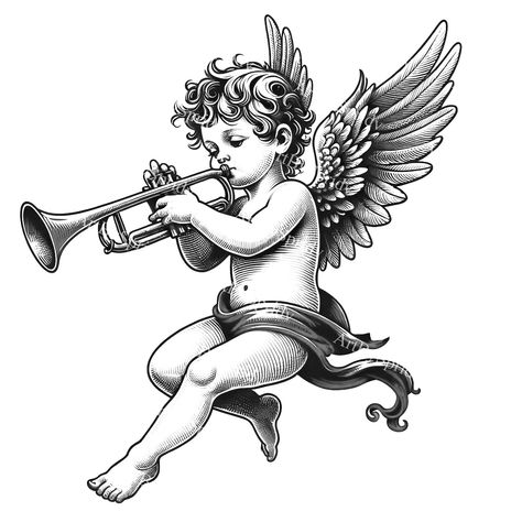 Baby Angel Tattoo For Men, Cherubim Angels Tattoo, Trumpet Tattoo, Cherub Tattoo Designs, Cheetah Drawing, Angel Y Diablo, Baby Angel Tattoo, Cherub Art, Cupid Tattoo