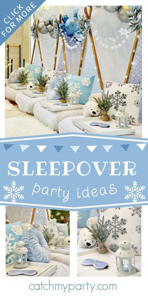 Take a look at this beautiful winter-themed sleepover! The teepees are gorgeous! See more party ideas and share yours at CatchMyparty.com Winter Wonderland Sleepover Party, Winter Pajama Party, Winter Slumber Party Ideas, Winter Themed Sleepover, Winter Wonderland Sleepover Ideas, Winter Wonderland Slumber Party, Christmas Teepee Sleepover, Winter Wonderland Sleepover, Winter Sleepover Ideas