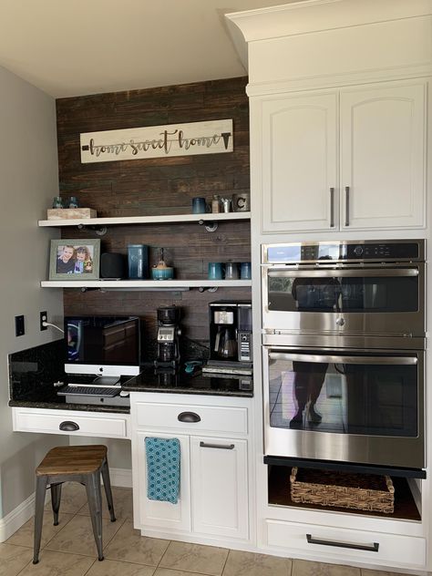 Farmhouse Kitchen Desk Area, Desk Turned Into Coffee Bar, Kitchen Desk Coffee Bar, Kitchen Desk Ideas, Desk Coffee Bar, Modern Farmhouse Coffee Bar, Green Milk Paint, Kitchen Desk Areas, Window Desk