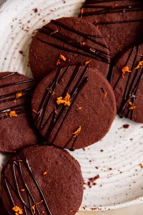 Dark Chocolate Orange Shortbread Cookies Chocolate Orange Shortbread, Orange Shortbread Cookies, Raspberry Linzer Cookies, Holiday Cookie Gift, Orange Shortbread, Chocolate Orange Cookies, Cranberry Orange Shortbread Cookies, Chocolate And Orange, Cookies Light