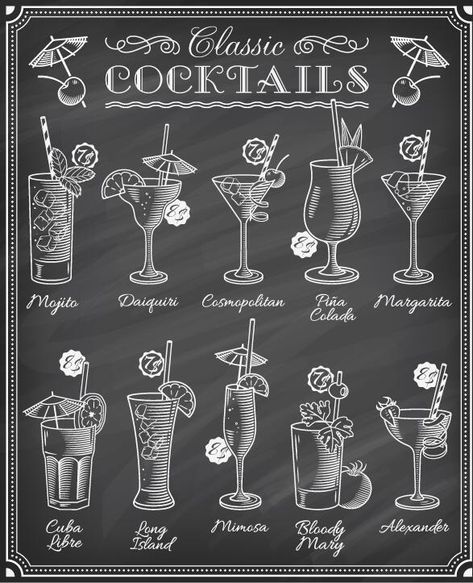 Cocktails blackboard menu hand drawn vector Blackboard Menu, Chalkboard Doodles, Vintage Cocktails, Blackboard Art, Famous Cocktails, Cocktail Illustration, Chalk Sign, Chalk Wall, Chalkboard Designs