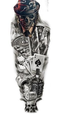 Sleeve Starter Tattoo Ideas Men, Full Arm Tattoos For Guys, Skull Sleeve Tattoos For Guys, Half Sleeve Tattoos For Men Lower Arm, Full Sleeve Tattoos For Guys, Tato 3d, Poker Tattoo, Playing Card Tattoos, Casino Tattoo