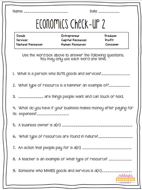 Goods And Services Worksheet, Economics Worksheets, Economics Vocabulary, Economics 101, Teaching Economics, Economics Lessons, Word Boxes, Teaching Life Skills, Economics Books