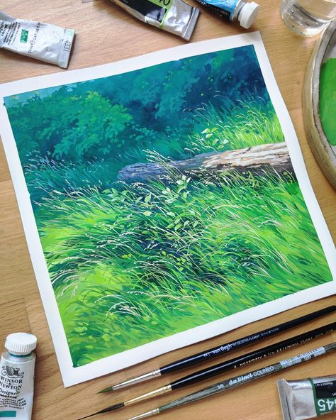 A gouache painting is sitting on a desk with paint tubes and paintbrushes surrounding it. The painting is of a log, surrounded by lush foliage including bushes and tall grasses. The scene is half in sunlight and half in shadoow Environment Painting, Gouache Illustrations, Dappled Light, Environment Art, Gouache Art, Studio Ghibli Art, Watercolor Sketchbook, Forest Painting, Ghibli Art