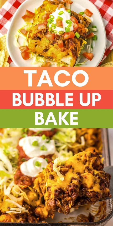 Bubble Up Casserole Recipes, Taco Bubble Up Casserole, Baked Taco Casserole, Bubble Up Casserole, Taco Fixings, Cornbread Taco, Taco Casserole Bake, Taco Meal, Ground Beef Taco