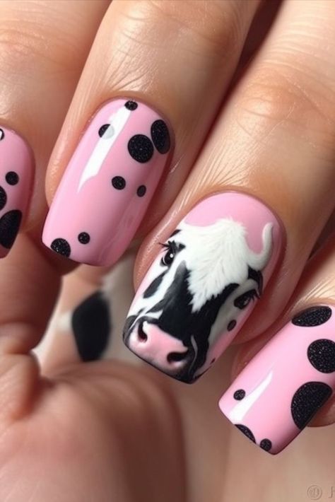 Pink Cow Nail Designs, Moo Cow Nails, Cute Cow Nail Designs, Nashville Nails Country, Cow Nail Designs, Cow Nails Designs, Strawberry Cow Nails, Cow Nails Acrylic, Farm Animal Nails