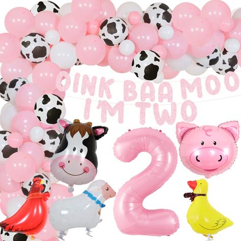 PRICES MAY VARY. 2nd Birthday Decoration: 50x latex balloons 12 inches( 25x light pink, 10x white and 15 white cow spotted), 20x latex balloons 5 inches( 10x white and 10 light pink), 1 pink OINK BAA MOO I AM TWO banner, 1 pink number 2 foil balloon, 5 animal foil balloons( pig, chicken, duck, sheep and cow), 1 roll of tape strip and 1 roll of adhesive points. Pink for Girls: Pink decors for princess, to hole your baby girls’ 2nd birthday party, choose pink farm animal party theme can bring more Girl Farm Birthday Party, Pink Barnyard Party, Pink Farm Party, Girls Farm Birthday, Farm Party Decorations, Birthday Cow, Animal Party Decorations, 2nd Birthday Party For Girl, Party Decorations Balloons