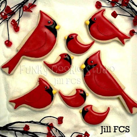 Red Cardinals                                                                                                                                                                                 More Cardinal Cookies Royal Icing, Bird Decorated Cookies, Cardinal Cookies Decorated, Birdhouse Cookies, Cardinal Cookies, Shooting Reference, Winter Cookies, Bird Cookies, Red Cardinals