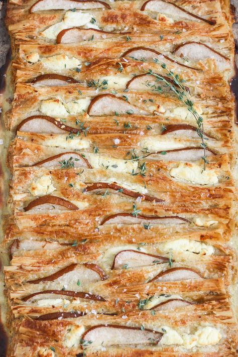 Phyllo Dough And Pears, Pear Tart Phyllo Dough, Pear Phyllo Tart, Pear Filo Pastry, Pear Brie Phyllo, Thyme Pear And Brie Tart, Fig And Goat Cheese Puff Pastry, Phyllo Dough Recipes Breakfast, Phyllo Pastry Recipes Appetizers