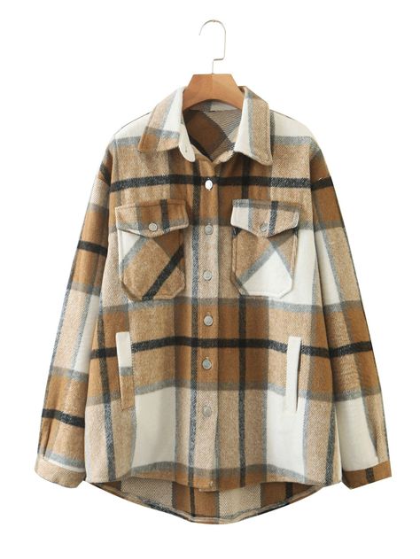 Plaid Flap Pocket Button Up Trucker Coat | SHEIN USA Plaid Jacket, Mode Online, Green And Khaki, Street Style Looks, Women's Coats & Jackets, Preppy Style, Flap Pocket, Plaid Shirt, Fashion Games