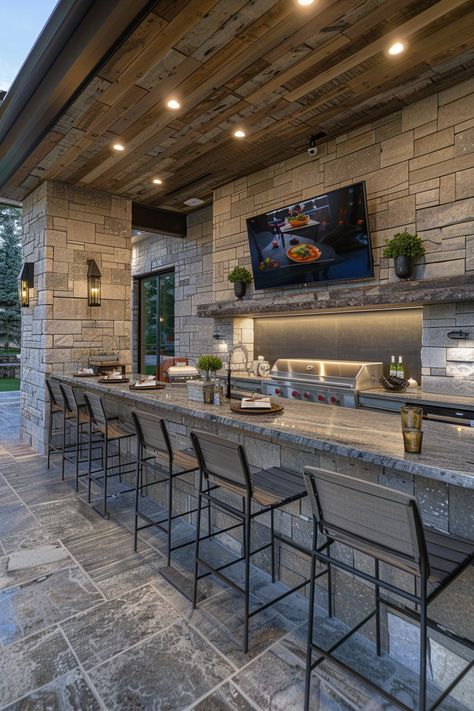 29 Outdoor Kitchen Ideas for Ultimate Summer Gatherings - My Elegant Home Outdoor Kitchen With Privacy Wall, Contemporary Outdoor Kitchen, Spa Deck, Outdoor Living Kitchen, Covered Outdoor Kitchens, Luxury Outdoor Kitchen, Rustic Outdoor Kitchens, Backyard Renovation, Kitchen Layouts