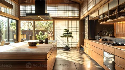 Serene and Sophisticated Japanese-Inspired Kitchen Oasis with Wooden Accents and Natural Lighting Japanese Inspired Kitchen, Window Treatments Kitchen, Japan Kitchen, Japanese Kitchen, Natural Lighting, Wooden Kitchen, Window Treatments, Natural Light, Vintage House