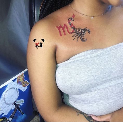 Scorpio Zodiac Tattoos Black Women, Red Ink Tattoos Females, Aries Tattoo Ideas Unique Black Women, Baddie Neck Tattoos Women, Arnell Armon Tattoos, Scorpio Tattoo Black Women, Red Tattoos Black Women, Scorpio Leg Tattoo, Scorpio Thigh Tattoo