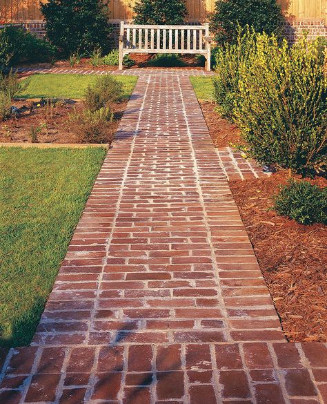 Brick Walkway Ideas, Side Yard Landscaping Ideas, Pathway Design, Mediterranean Courtyard, Garden Walkways, Brick Sidewalk, Brick Planter, Brick Pathway, Brick Columns