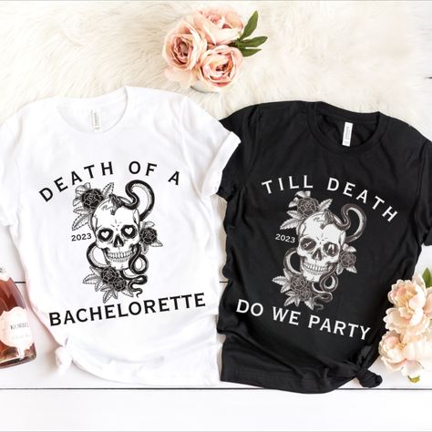 If you're planning a gothic bachelorette theme, these Halloween bachelorette party shirts are perfect! These ultra soft Halloween bachelorette shirts are perfect for the Halloween bride or Witch bride out there who loves all things spooky and Fall no matter what time of year! So get ready to yell Bride or Die with your crew and celebrate!---Halloween Bachelorette Party Shirts, Halloween Bachelorette Shirts, Gothic Bachelorette, Halloween Bride Shirt, Bride Or Die, Witch Bride Witch Themed Bachelorette Party Outfits, Witch Themed Bachelorette Party, Goth Bachelorette, Gothic Bachelorette Party, Witchy Bachelorette Party, Brides Coven Shirts, Bachelorette Spooky, Witch Bride, Skull Bachelorette Party