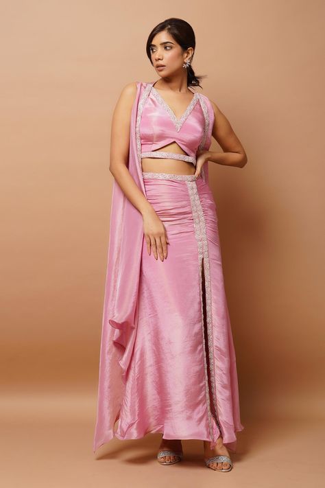 Buy Pink Natural Crepe Hand Embroidered Border Long Shrug And Skirt Set For Women by Ahi Clothing Online at Aza Fashions. Long Shrug, Haldi Outfit, Choli Dress, Function Dresses, Fancy Sarees Party Wear, Draping Fashion, Outfits Woman, Padded Blouse, Indo Western Dress