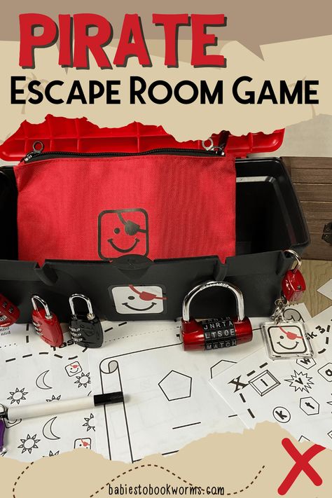 This pirate escape room game for kids is perfect for developing problem solving skills and having fun! Pirate Summer Camp Ideas, Pirate Camp Activities, Pirate Escape Room Ideas, Pirate Scavenger Hunt For Kids, Pirate Escape Room, Pirate Games For Kids, Pirate Scavenger Hunts, Pirate Week, Pirate Ideas