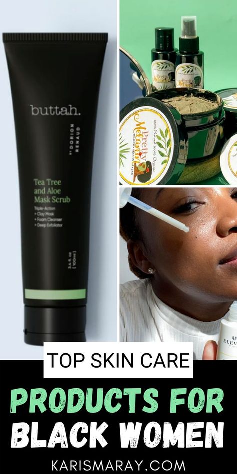 Collage of black-owned skin care products for black women. Good Skin Care Products For Black Women, Skin Care Routine 40s Black Women, Skincare For Black Skin, Best Skin Care Products For Black Women, Black Owned Skincare Products, Black Woman Skincare, Black Skin Care Routine, Black Women Skincare, Glowing Black Skin