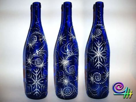 Bottles Blue Wine Bottle Crafts, Pretty Snowflakes, Bottle Projects, Wine Bottle Project, Blue Wine Bottles, Wine Bottle Glasses, Painted Bottles, Wine Bottle Corks, Bottle Ideas