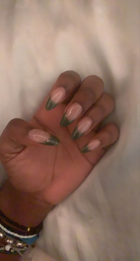 Forestry Nails, Green Nails Acrylic Almond, Plain Green Nails, Forest Green Nails Acrylic, Green Almond Nails Designs, Almond Green Nails, Nails Ideas Green, Green And Brown Nails, Green Nails Almond