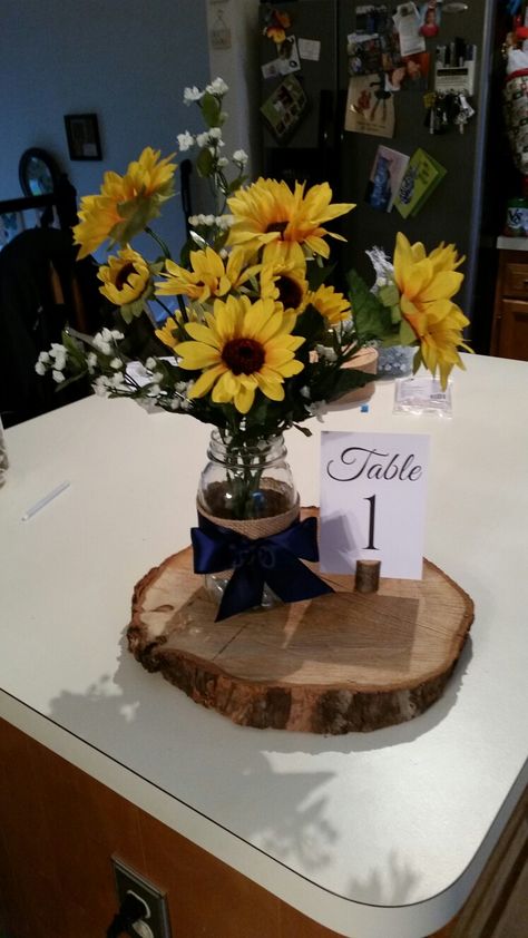 Dusty Blue And Sunflower Wedding Centerpieces, Sunflower Center Piece, Navy Blue Wedding Decorations, Sunflower Wedding Centerpieces, Blue Sunflower Wedding, Navy Blue Table Runner, Wedding Rehearsal Dinner Decorations, Mason Jar Arrangements, Sunflower Wedding Decorations