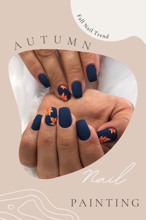 Navy Nail Designs Fall, Maple Leaves Nails, Autumn Nails Blue, Dark Blue Autumn Nails, Dark Blue Fall Nails, Blue Autumn Nails, Dark Blue Floral Nails, Maple Leaf Nails, Fall Nails Blue