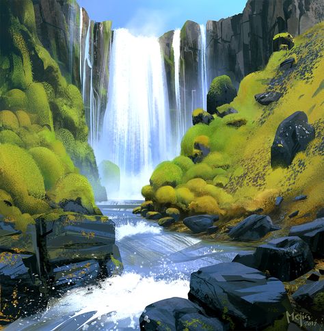 "Iceland Waterfall" by Luis Mejía. www.artmejia.com #iceland #illustration #luismejia Iceland Illustration, Oil Painting Ideas For Beginners, Oil Painting Ideas, Waterfall Drawing, Environment Painting, Trip To Iceland, Waterfall Paintings, Waterfall Art, Painting Ideas For Beginners