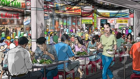 This is the left section of a 53'x 10' wall mural for pho restaurant. Custom wall graphic and restaurant mural design for sale.  By artist Cuong Huynh. Restaurant Illustration Art, Restaurant Illustration Drawing, Dining Illustration, Restaurant Wall Mural, Wall Graphics Restaurant, Restaurant Drawing, Restaurant Mural, Brand Deck, Procreate Inspiration