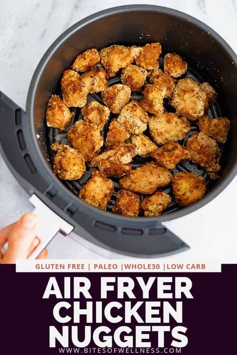 Air fryer chicken nuggets are an easy, healthy recipe that the whole family will love! These low carb homemade chicken nuggets are made with almond flour and arrowroot making them gluten free, paleo and Whole30 friendly! This simple recipe is egg free too and your kids are going to love them! Air Fryer Chicken Nuggets, Air Fryer Recipes Low Carb, Homemade Chicken Nuggets, Air Fried Chicken, Air Fryer Dinner Recipes, Air Fryer Healthy, Air Fryer Recipes Easy, Paleo Dinner, Air Fryer Recipes Healthy