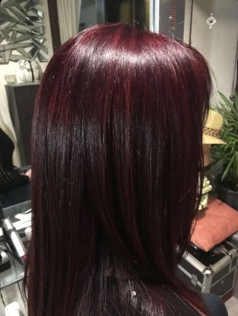 Dark Red Hair Dark Roots, Dark Fuchsia Hair, Aesthetic Hair Dye Ideas For Brunettes, Res Hair Color, Brown Hair With Burgundy Balayage, Dark Red Hair With Highlights, Dark Red Hair Aesthetic, Dark Wine Red Hair, Dark Colored Hair