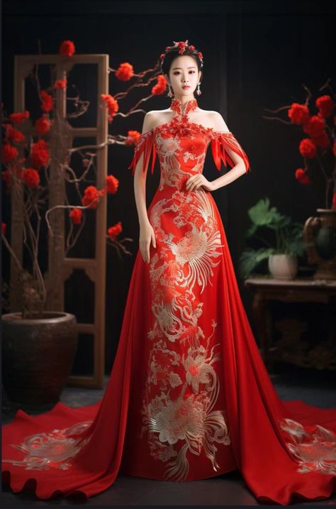 Chinese Wedding Cheongsam, Chinese Bride Dress, Modern Chinese Wedding Dress, Red Chinese Wedding Dress, Wedding Dress Fantasy, Tea Ceremony Dress, Asian Inspired Wedding, Chinese Bride, Wedding Cheongsam