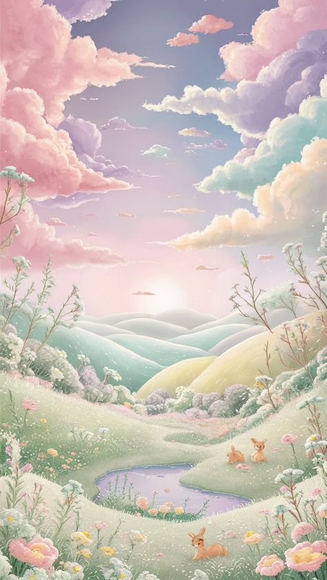 Immerse yourself in a serene pastel-themed landscape featuring fluffy clouds in pink, lavender, and blue. A whimsical meadow bursting with mint green, pale yellow, and blush pink wildflowers invites cute bunnies and fawns to frolic. This idyllic scene, complete with rolling hills and a mirrored pond, creates a soothing atmosphere perfect for aesthetic wallpaper. Perfect for nature lovers and pastel art enthusiasts. Soft Wallpaper Aesthetic Pastel, Pastel Scenery, Peaceful Backgrounds, Cute Aesthetic Wallpaper, Aesthetic Lovers, Pink And Green Wallpaper, Playful Animals, Pink Wildflowers, Anime Scenes