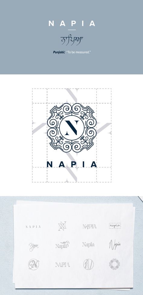 The word Napia acknowledges the strong history of Indian tailoring, which is growing into bespoke tailoring. The logo mixes tradition and modernity in equal measure. The intricate border creates an elegant visual device that references the shapes and patterns used in traditional Indian designs. #bespoketailoring #brandidentity #logodesign #brandingcollateral #traditionallogo #punjabibrand #clothing #tailoring #brandlogo #starlinecreative #elegantbrandlogo #elegantbrand #timelessbrand Indian Fashion Brand Logo, Indian Brand Logo, Indian Words, Indian Branding, Jewelry Logo Inspiration, Tailoring Logo Design Ideas, Indian Logo Design, Bridal Branding, Jewelry Brand Logo